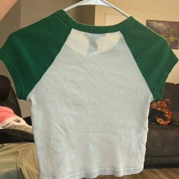 Green and white ribbed baby tee, crop top - Picture 2 of 2